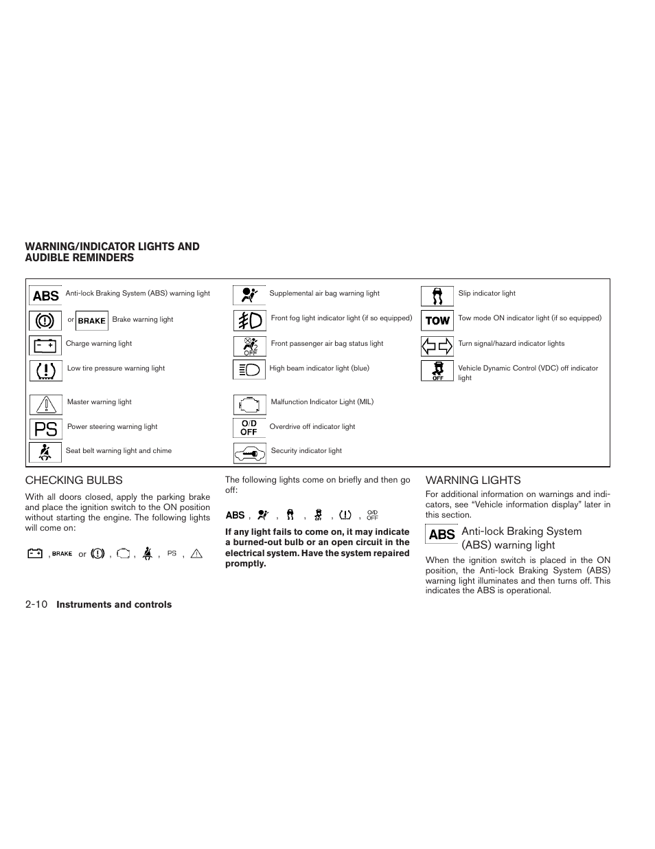 Warning/indicator lights and audible reminders -10, Checking bulbs -10 warning lights -10, Checking bulbs | Warning lights, Anti-lock braking system (abs) warning light, Warning/indicator lights and audible reminders | NISSAN 2014 Pathfinder - Owner's Manual User Manual | Page 97 / 492