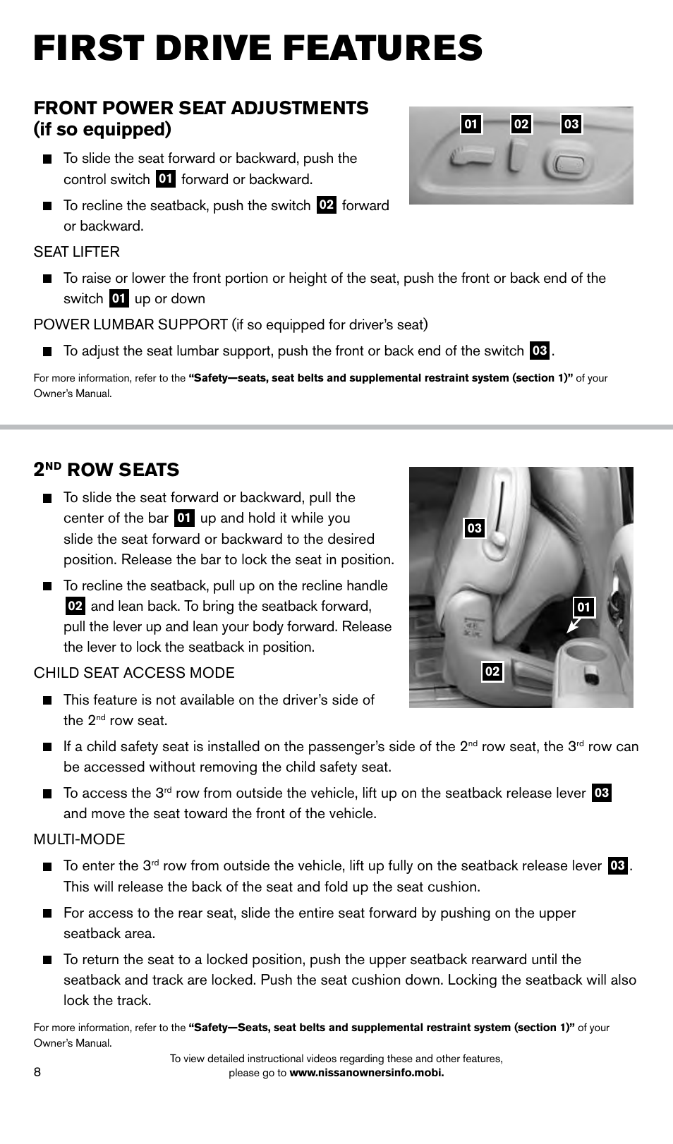 First drive features, Front power seat adjustments (if so equipped), Row seats | NISSAN 2014 Pathfinder - Quick Reference Guide User Manual | Page 10 / 32