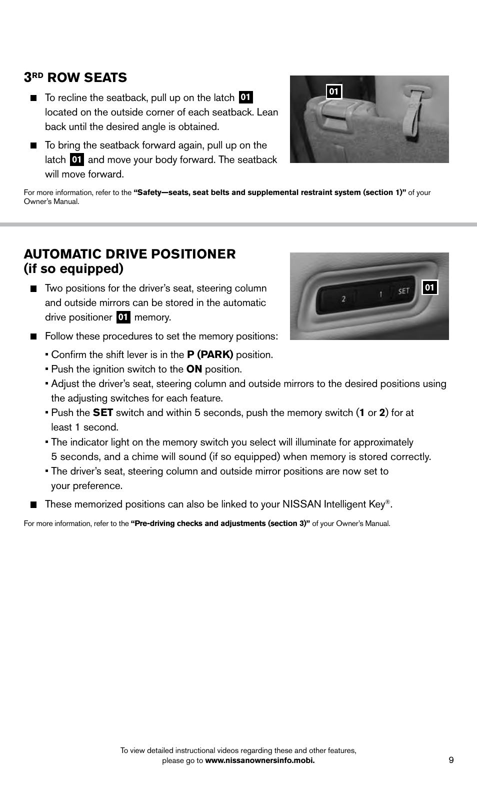 Row seats, Automatic drive positioner (if so equipped) | NISSAN 2014 Pathfinder - Quick Reference Guide User Manual | Page 11 / 32