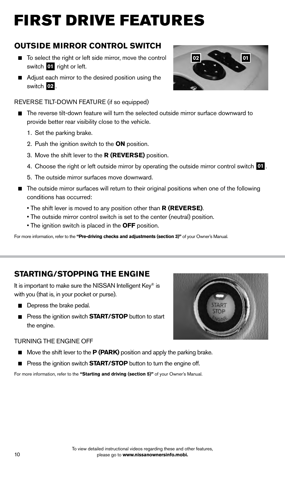 First drive features, Starting/stopping the engine, Outside mirror control switch | NISSAN 2014 Pathfinder - Quick Reference Guide User Manual | Page 12 / 32