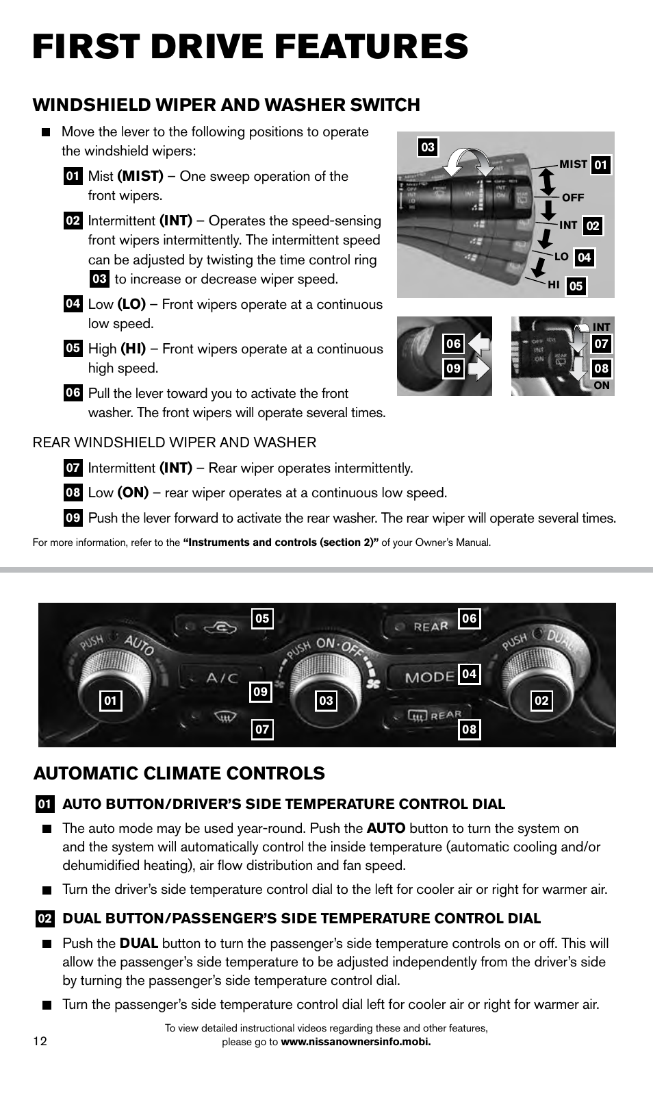 First drive features, Windshield wiper and washer switch, Automatic climate controls | NISSAN 2014 Pathfinder - Quick Reference Guide User Manual | Page 14 / 32