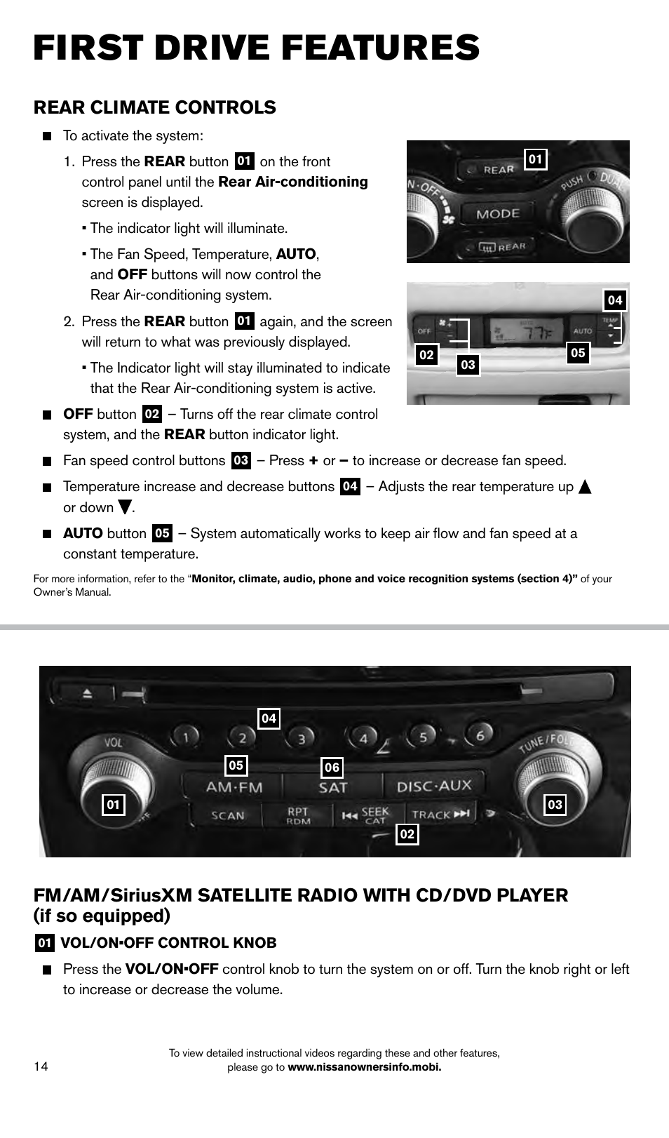 First drive features, Rear climate controls | NISSAN 2014 Pathfinder - Quick Reference Guide User Manual | Page 16 / 32