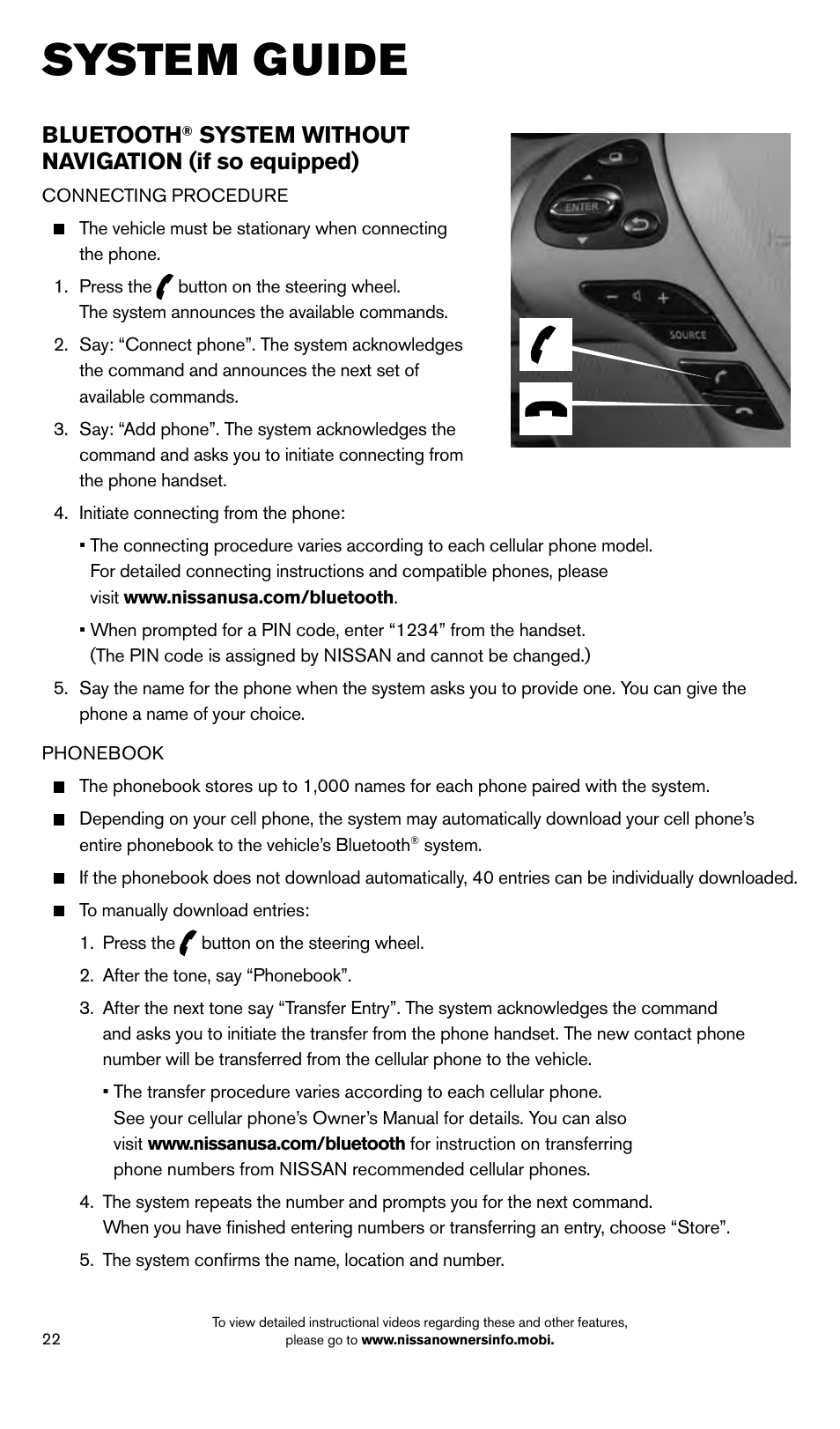 System guide, Bluetooth, System without navigation (if so equipped) | NISSAN 2014 Pathfinder - Quick Reference Guide User Manual | Page 24 / 32