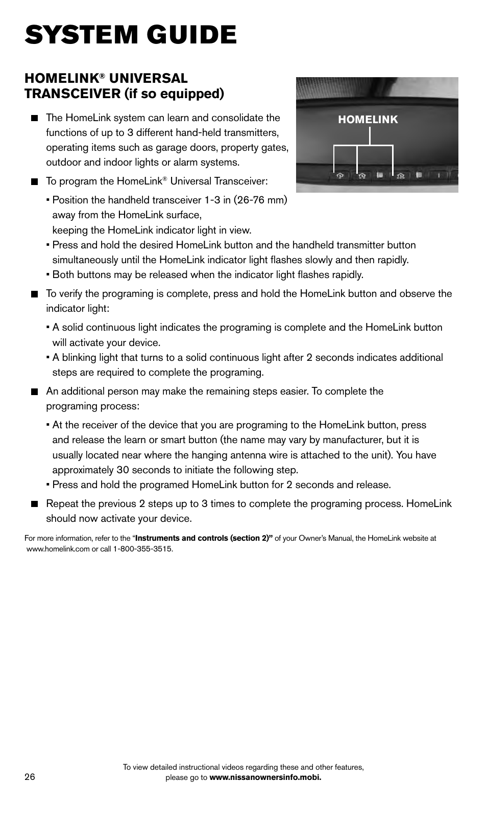 System guide, Homelink, Universal transceiver (if so equipped) | NISSAN 2014 Pathfinder - Quick Reference Guide User Manual | Page 28 / 32