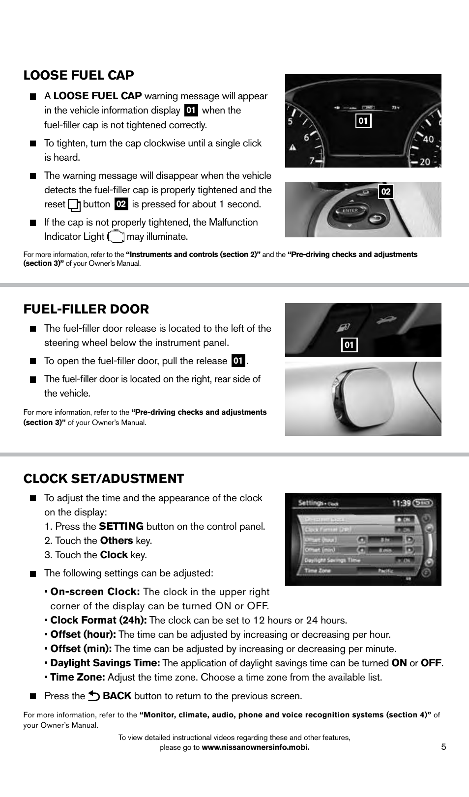 Loose fuel cap, Clock set/adustment, Fuel-filler door | NISSAN 2014 Pathfinder - Quick Reference Guide User Manual | Page 7 / 32