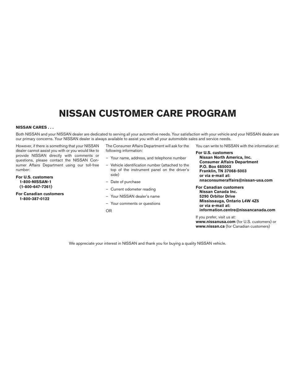 Nissan customer care program | NISSAN 2015 Pathfinder - Owner's Manual User Manual | Page 10 / 516