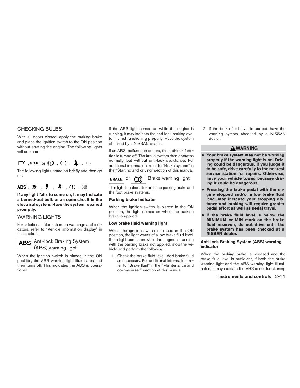 Checking bulbs -11 warning lights -11 | NISSAN 2015 Pathfinder - Owner's Manual User Manual | Page 102 / 516