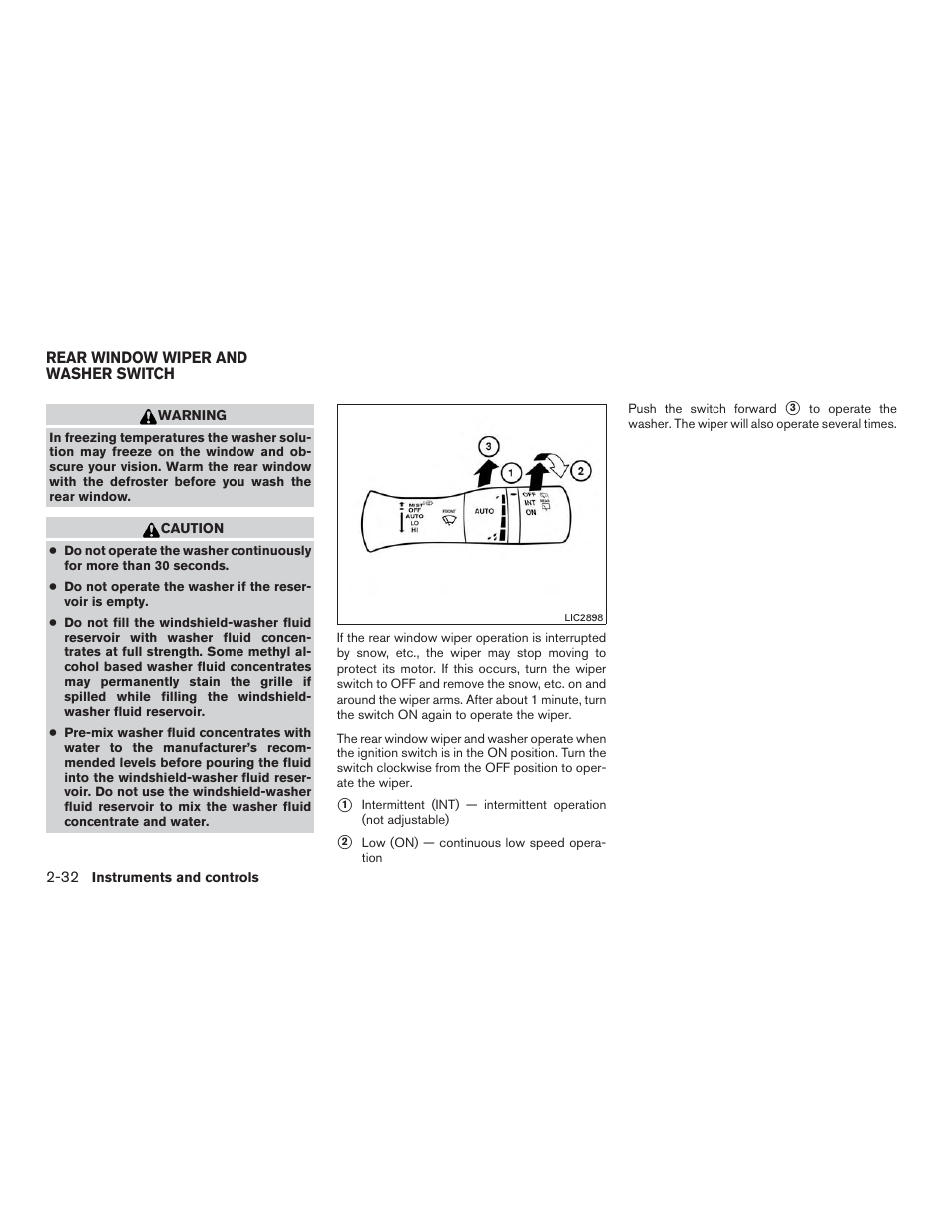 Rear window wiper and washer switch -32 | NISSAN 2015 Pathfinder - Owner's Manual User Manual | Page 123 / 516