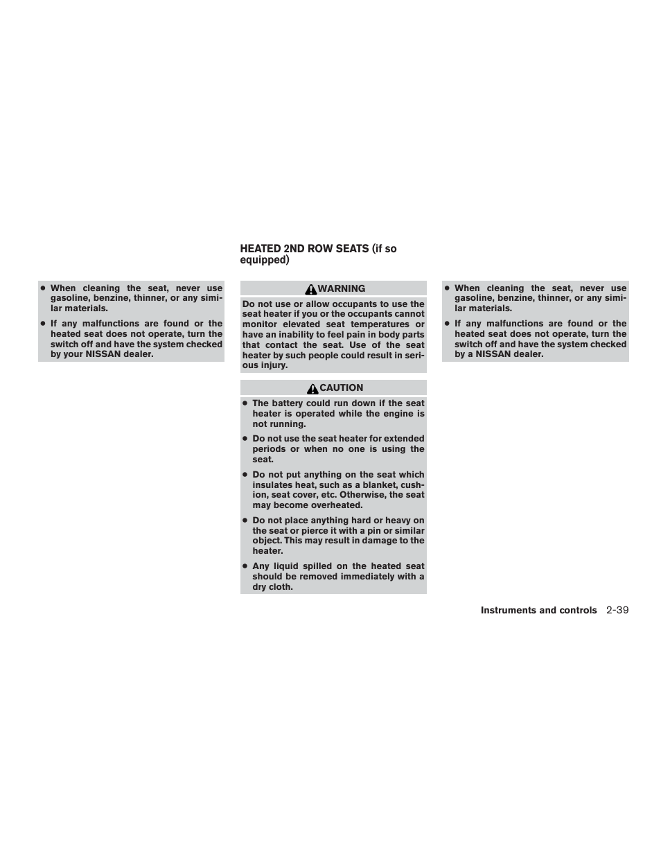 Heated 2nd row seats (if so equipped) -39 | NISSAN 2015 Pathfinder - Owner's Manual User Manual | Page 130 / 516