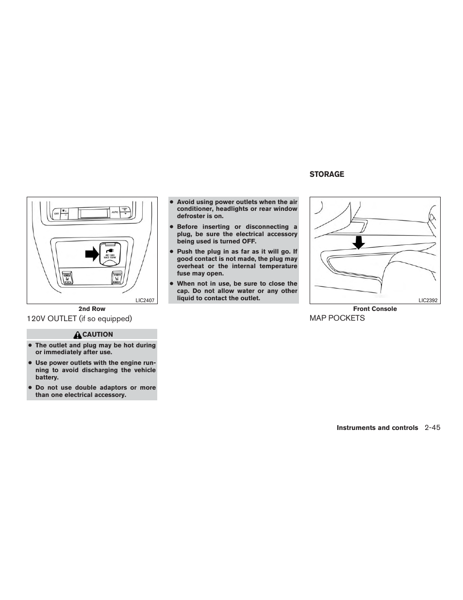 120v outlet (if so equipped) -45, Storage -45, Map pockets -45 | NISSAN 2015 Pathfinder - Owner's Manual User Manual | Page 136 / 516