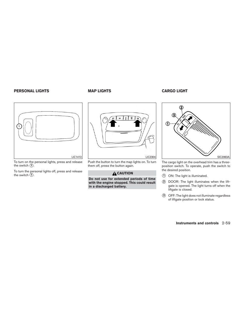 Personal lights -59 map lights -59 cargo light -59 | NISSAN 2015 Pathfinder - Owner's Manual User Manual | Page 150 / 516