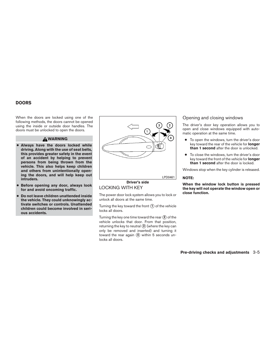 Doors -5, Locking with key -5 | NISSAN 2015 Pathfinder - Owner's Manual User Manual | Page 162 / 516