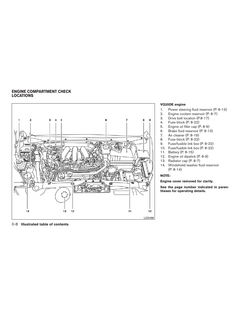 Engine compartment check locations -8 | NISSAN 2015 Pathfinder - Owner's Manual User Manual | Page 21 / 516