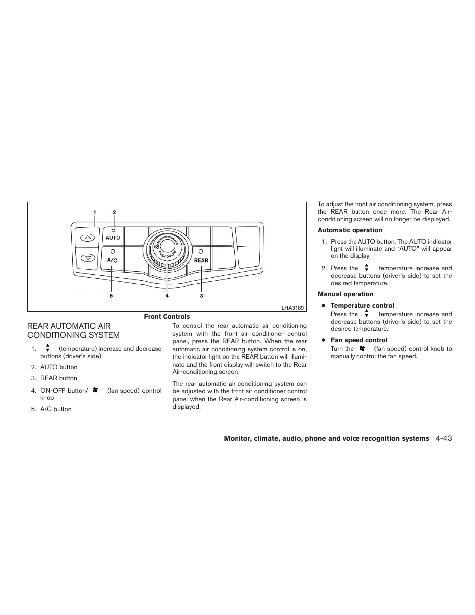 Rear automatic air conditioning system -43 | NISSAN 2015 Pathfinder - Owner's Manual User Manual | Page 240 / 516