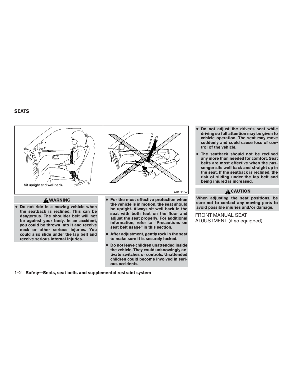 Seats -2, Front manual seat adjustment (if so equipped) -2 | NISSAN 2015 Pathfinder - Owner's Manual User Manual | Page 25 / 516