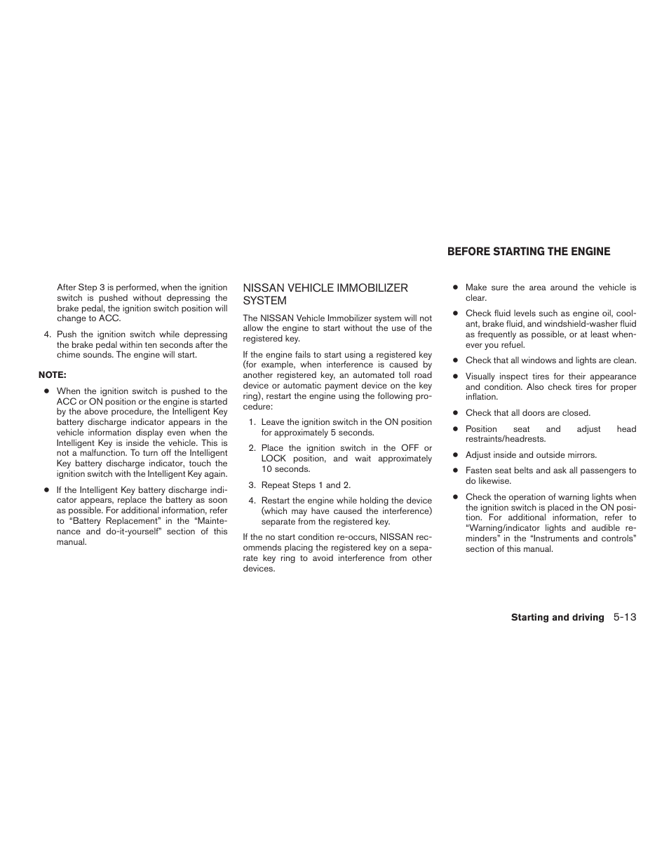 Nissan vehicle immobilizer system -13, Before starting the engine -13 | NISSAN 2015 Pathfinder - Owner's Manual User Manual | Page 372 / 516