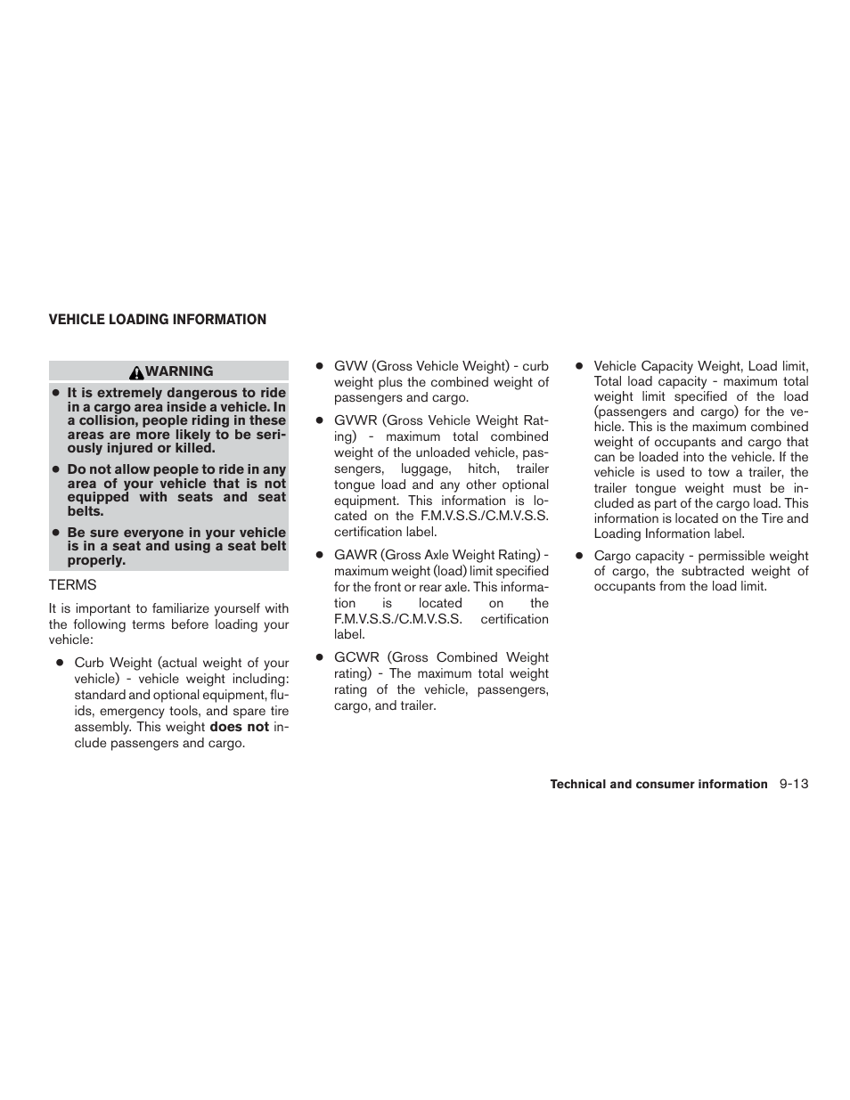 Vehicle loading information -13, Terms -13 | NISSAN 2015 Pathfinder - Owner's Manual User Manual | Page 488 / 516