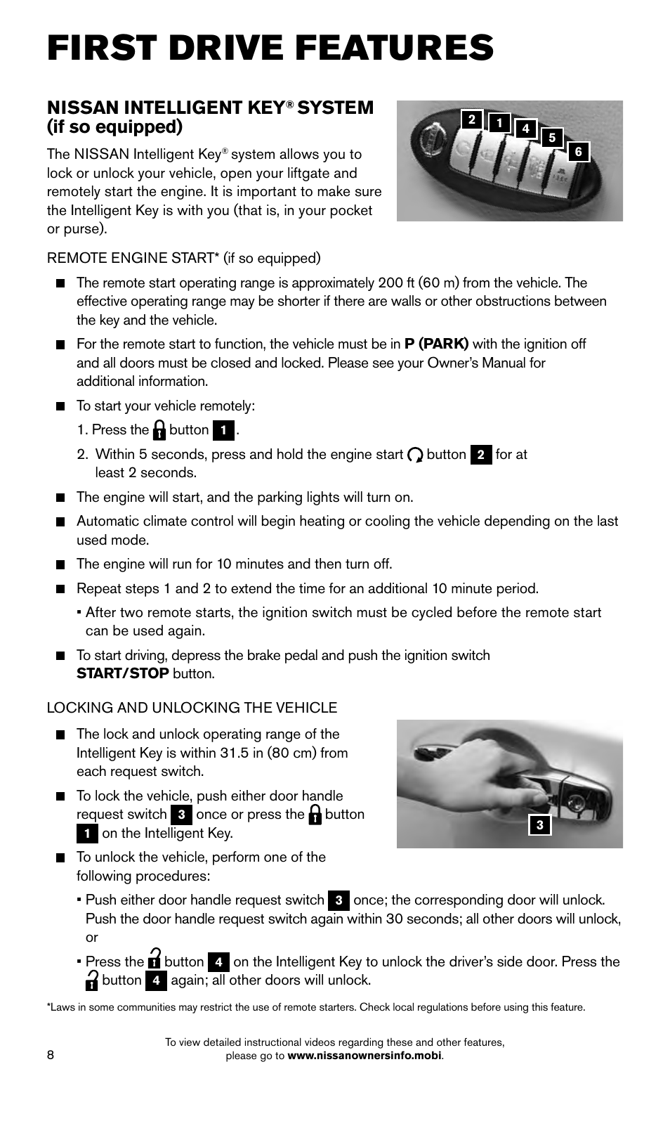 First drive features, Nissan intelligent key, System (if so equipped) | NISSAN 2015 Pathfinder - Quick Reference Guide User Manual | Page 10 / 36