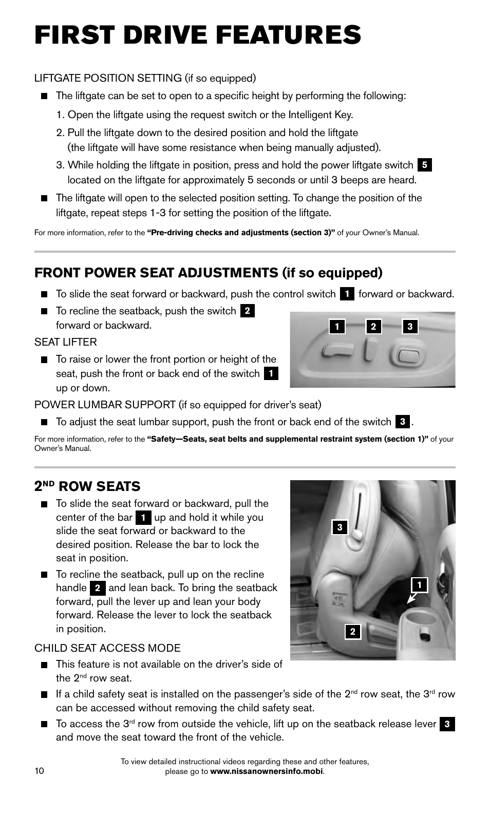 First drive features, Front power seat adjustments (if so equipped), Row seats | NISSAN 2015 Pathfinder - Quick Reference Guide User Manual | Page 12 / 36