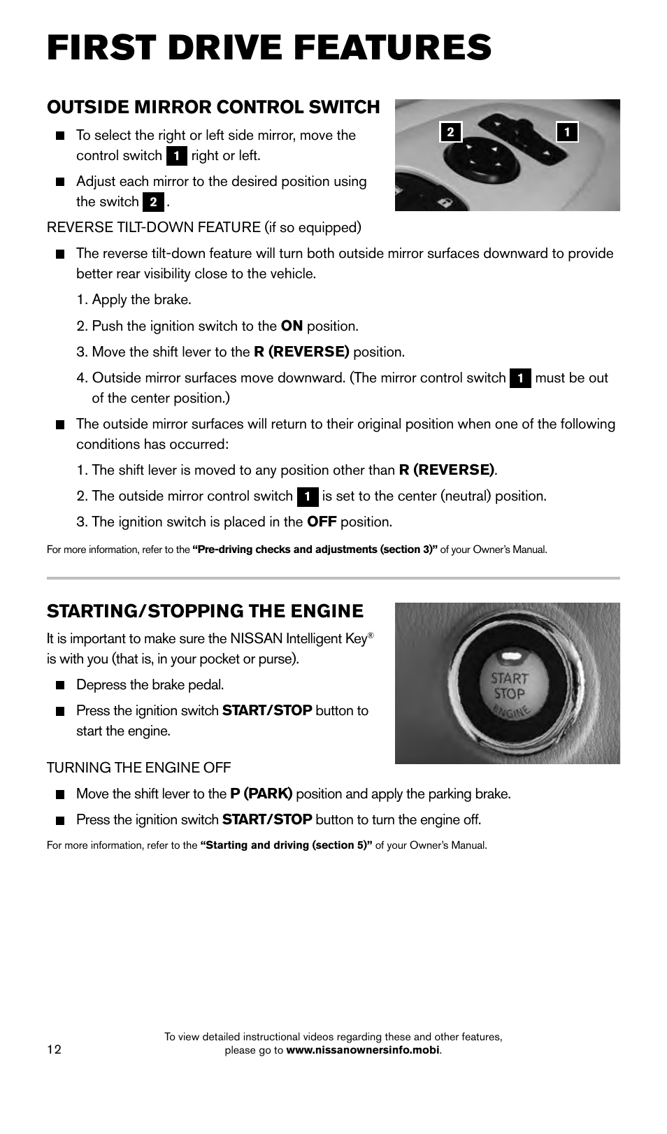 First drive features, Starting/stopping the engine, Outside mirror control switch | NISSAN 2015 Pathfinder - Quick Reference Guide User Manual | Page 14 / 36