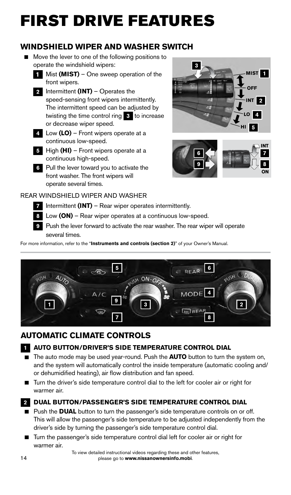 First drive features, Windshield wiper and washer switch, Automatic climate controls | NISSAN 2015 Pathfinder - Quick Reference Guide User Manual | Page 16 / 36