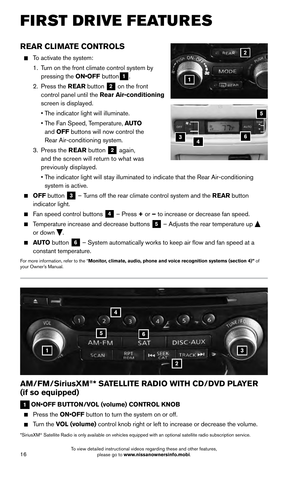 First drive features, Am/fm/siriusxm, Rear climate controls | NISSAN 2015 Pathfinder - Quick Reference Guide User Manual | Page 18 / 36