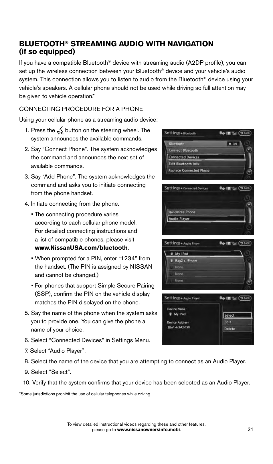 Bluetooth, Streaming audio with navigation (if so equipped) | NISSAN 2015 Pathfinder - Quick Reference Guide User Manual | Page 23 / 36