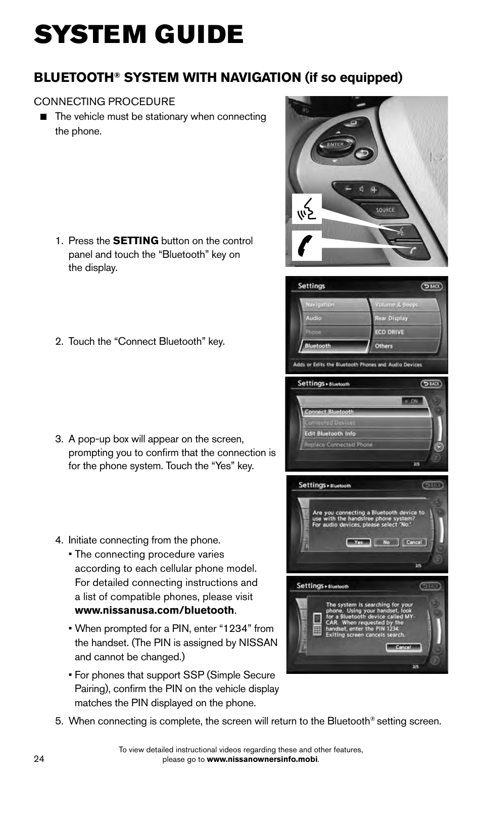 System guide, Bluetooth, System with navigation (if so equipped) | NISSAN 2015 Pathfinder - Quick Reference Guide User Manual | Page 26 / 36