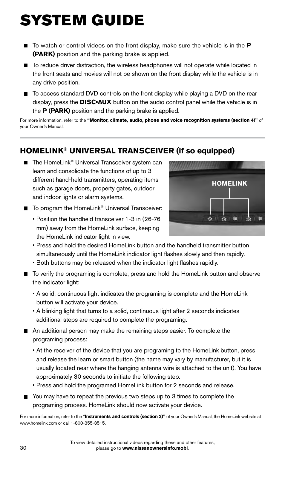 System guide, Homelink, Universal transceiver (if so equipped) | NISSAN 2015 Pathfinder - Quick Reference Guide User Manual | Page 32 / 36