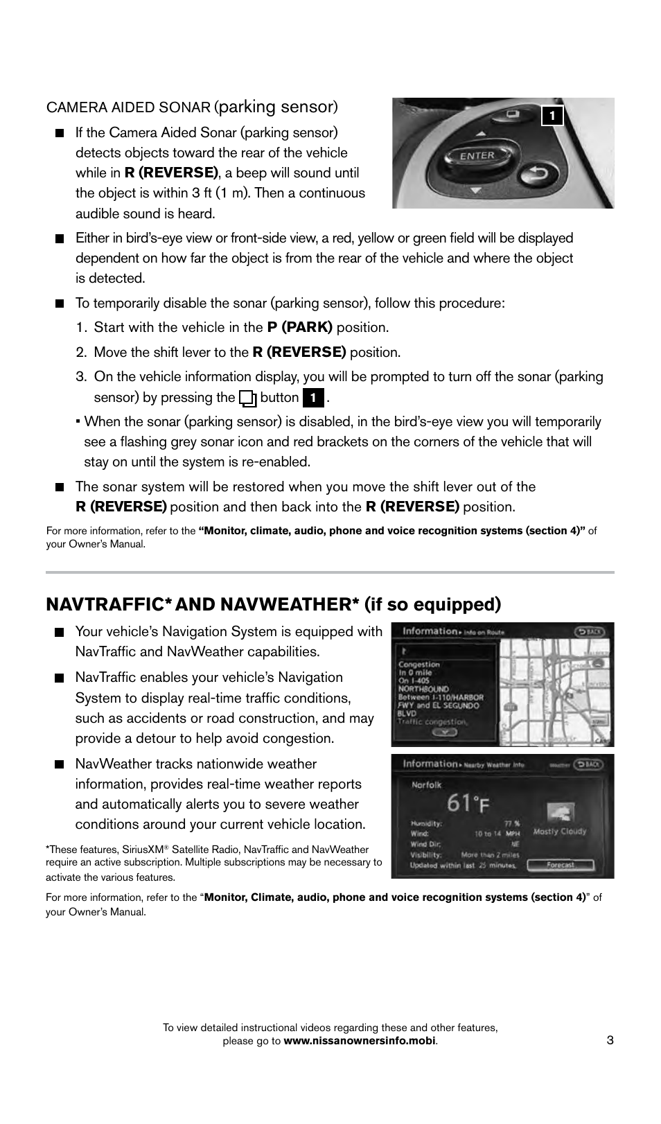 Parking sensor, Navtraffic, And navweather* (if so equipped) | NISSAN 2015 Pathfinder - Quick Reference Guide User Manual | Page 5 / 36