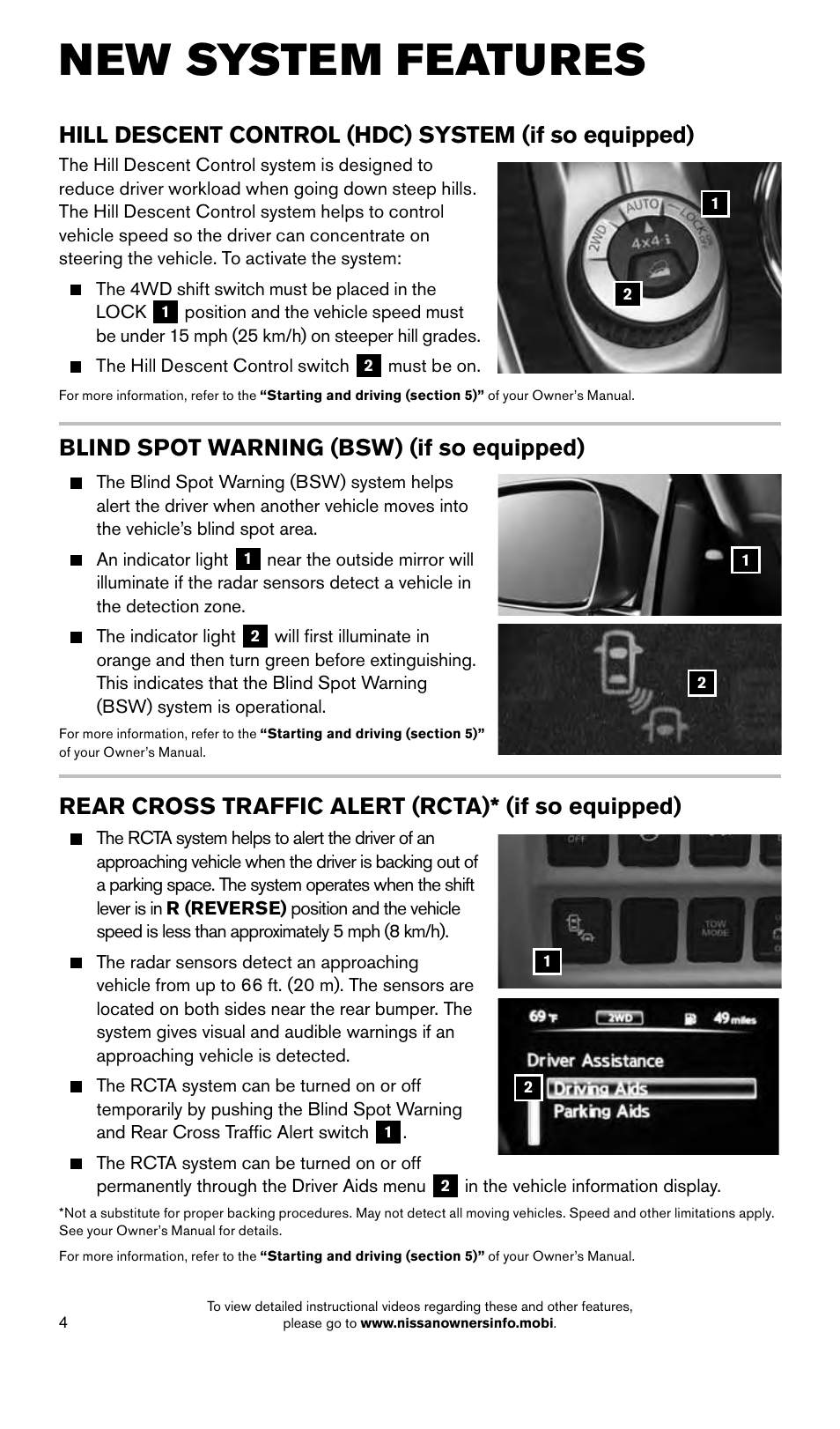 New system features, Blind spot warning (bsw) (if so equipped), Rear cross traffic alert (rcta)* (if so equipped) | Hill descent control (hdc) system (if so equipped) | NISSAN 2015 Pathfinder - Quick Reference Guide User Manual | Page 6 / 36
