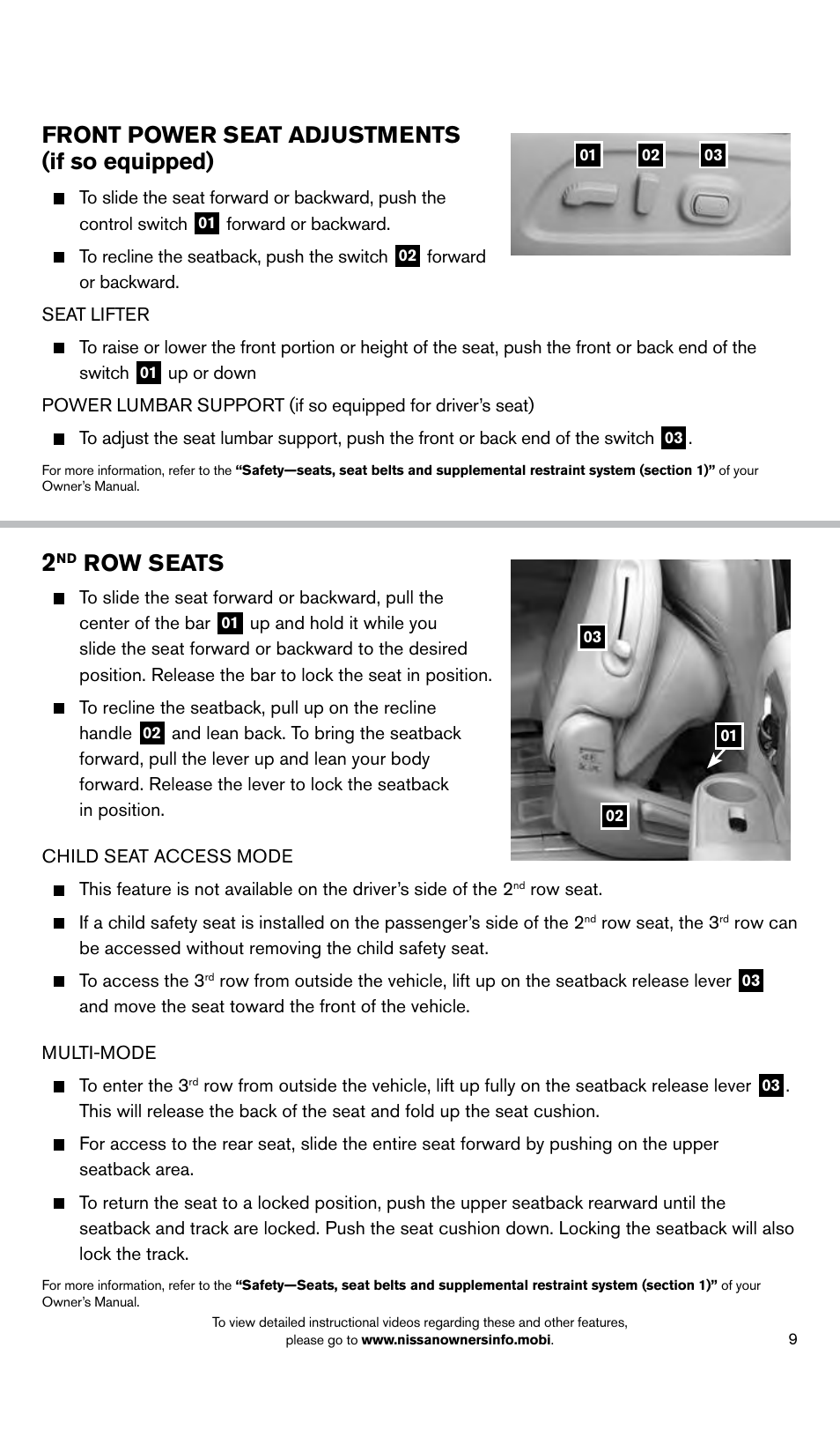 Front power seat adjustments (if so equipped), Row seats | NISSAN 2014 Pathfinder Hybrid - Quick Reference Guide User Manual | Page 11 / 32