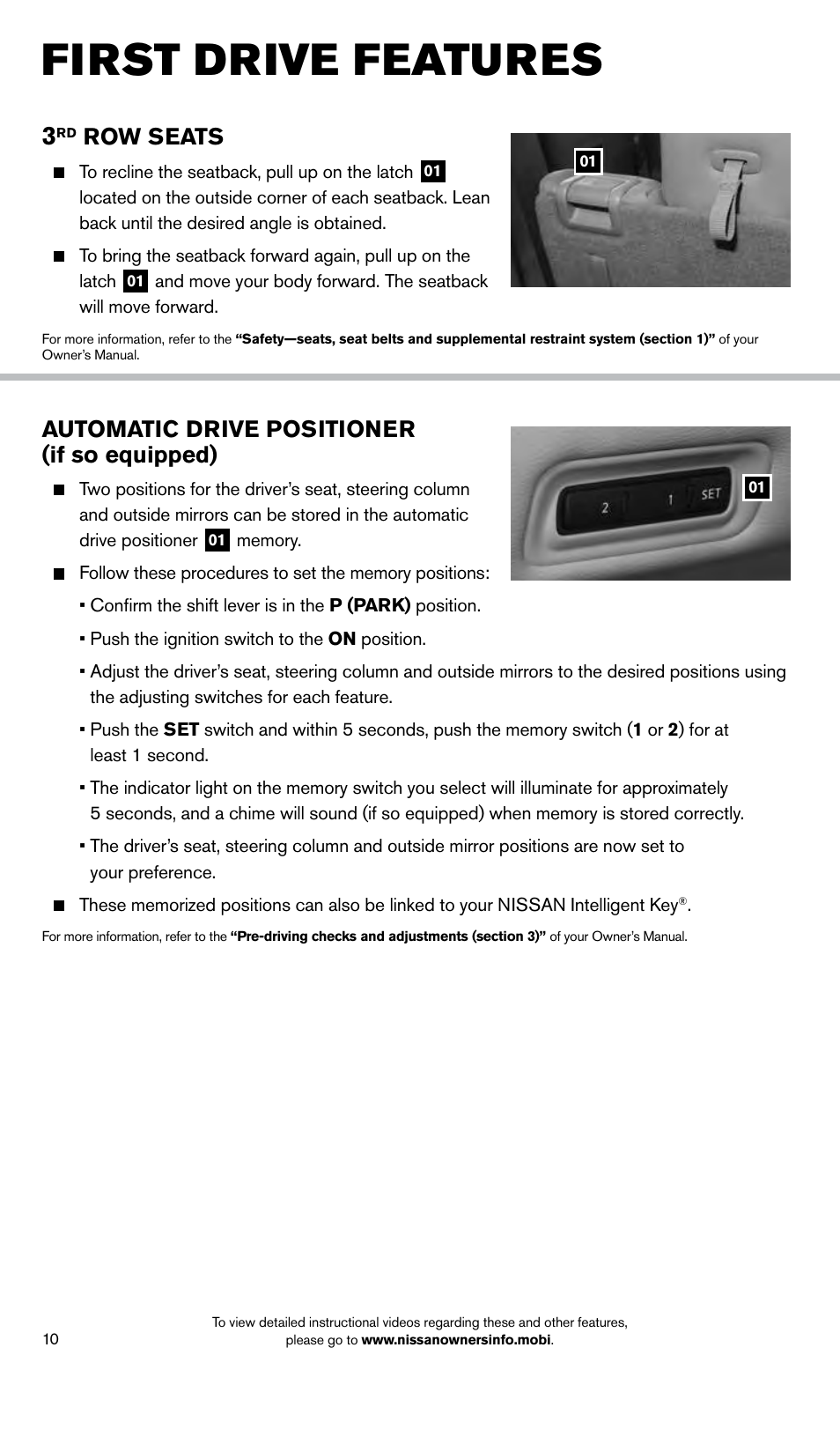 First drive features, Row seats, Automatic drive positioner (if so equipped) | NISSAN 2014 Pathfinder Hybrid - Quick Reference Guide User Manual | Page 12 / 32