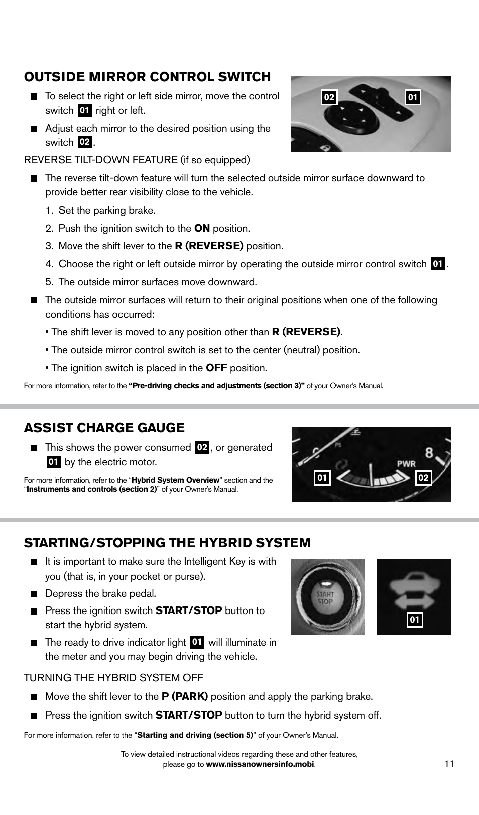 Outside mirror control switch, Starting/stopping the hybrid system, Assist charge gauge | NISSAN 2014 Pathfinder Hybrid - Quick Reference Guide User Manual | Page 13 / 32