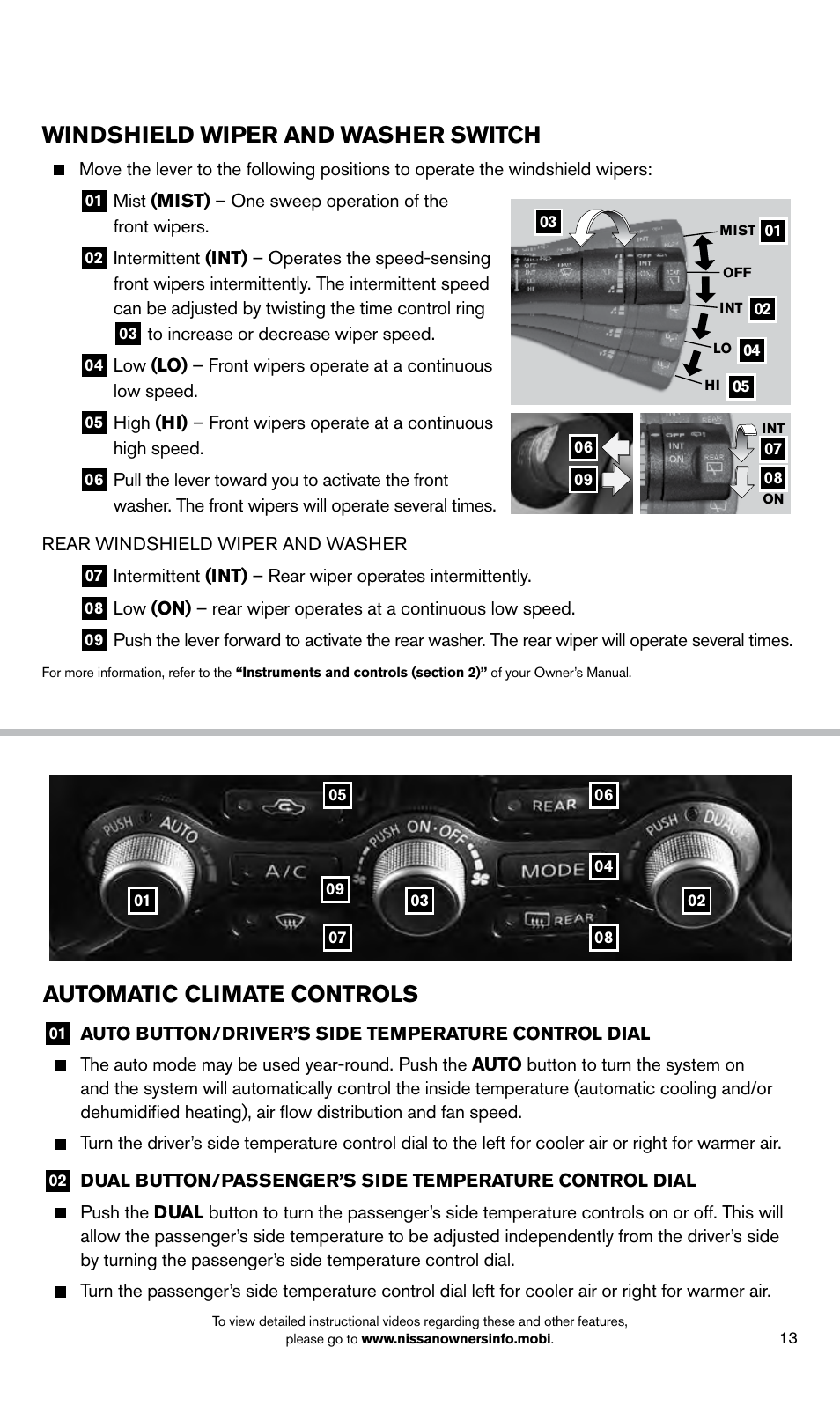 Windshield wiper and washer switch, Automatic climate controls | NISSAN 2014 Pathfinder Hybrid - Quick Reference Guide User Manual | Page 15 / 32