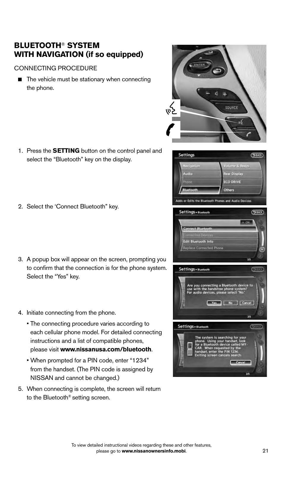 Bluetooth, System with navigation (if so equipped) | NISSAN 2014 Pathfinder Hybrid - Quick Reference Guide User Manual | Page 23 / 32