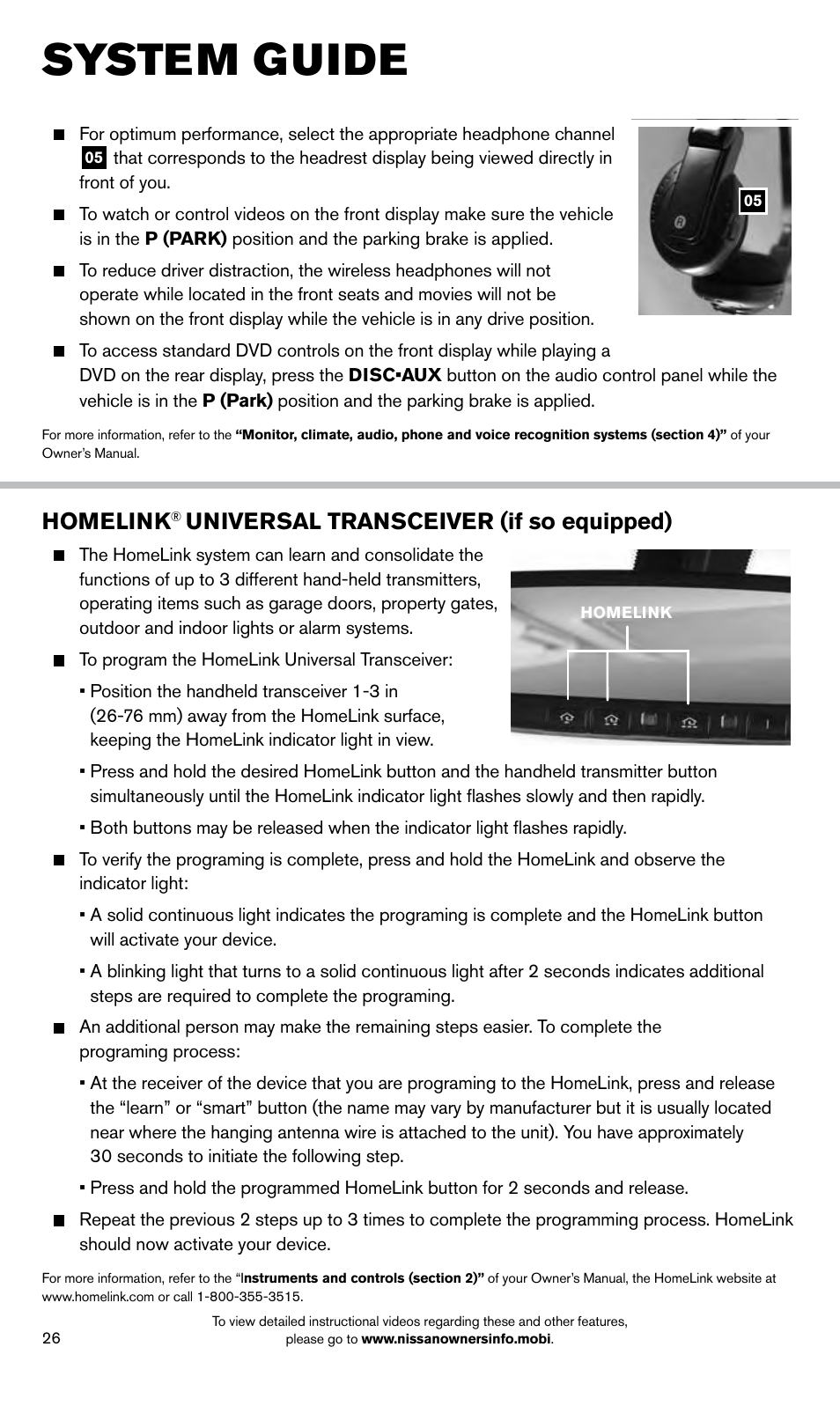 System guide, Homelink, Universal transceiver (if so equipped) | NISSAN 2014 Pathfinder Hybrid - Quick Reference Guide User Manual | Page 28 / 32