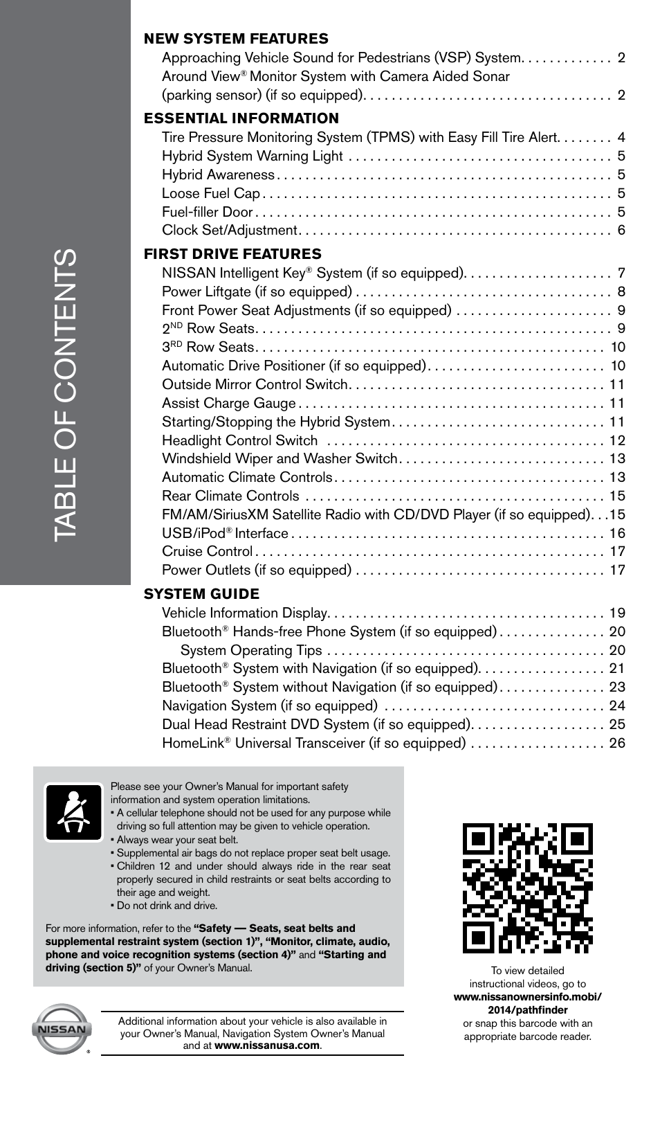 NISSAN 2014 Pathfinder Hybrid - Quick Reference Guide User Manual | Page 3 / 32