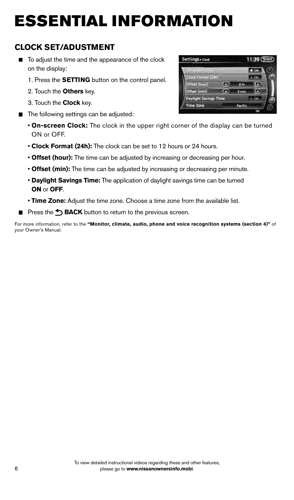 Essential information, Clock set/adustment | NISSAN 2014 Pathfinder Hybrid - Quick Reference Guide User Manual | Page 8 / 32