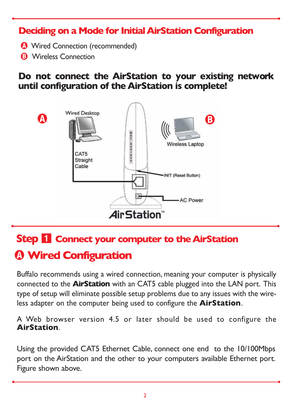 Step ẅ, Ạạ ạ wired configuration | Buffalo Technology WLA2-G54 User Manual | Page 2 / 8