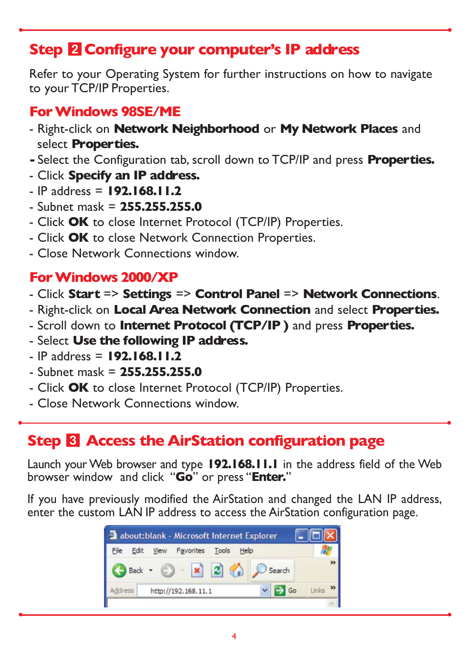 Step ẅ configure your computer’s ip address, Step ẇ access the airstation configuration page | Buffalo Technology WLA2-G54 User Manual | Page 4 / 8