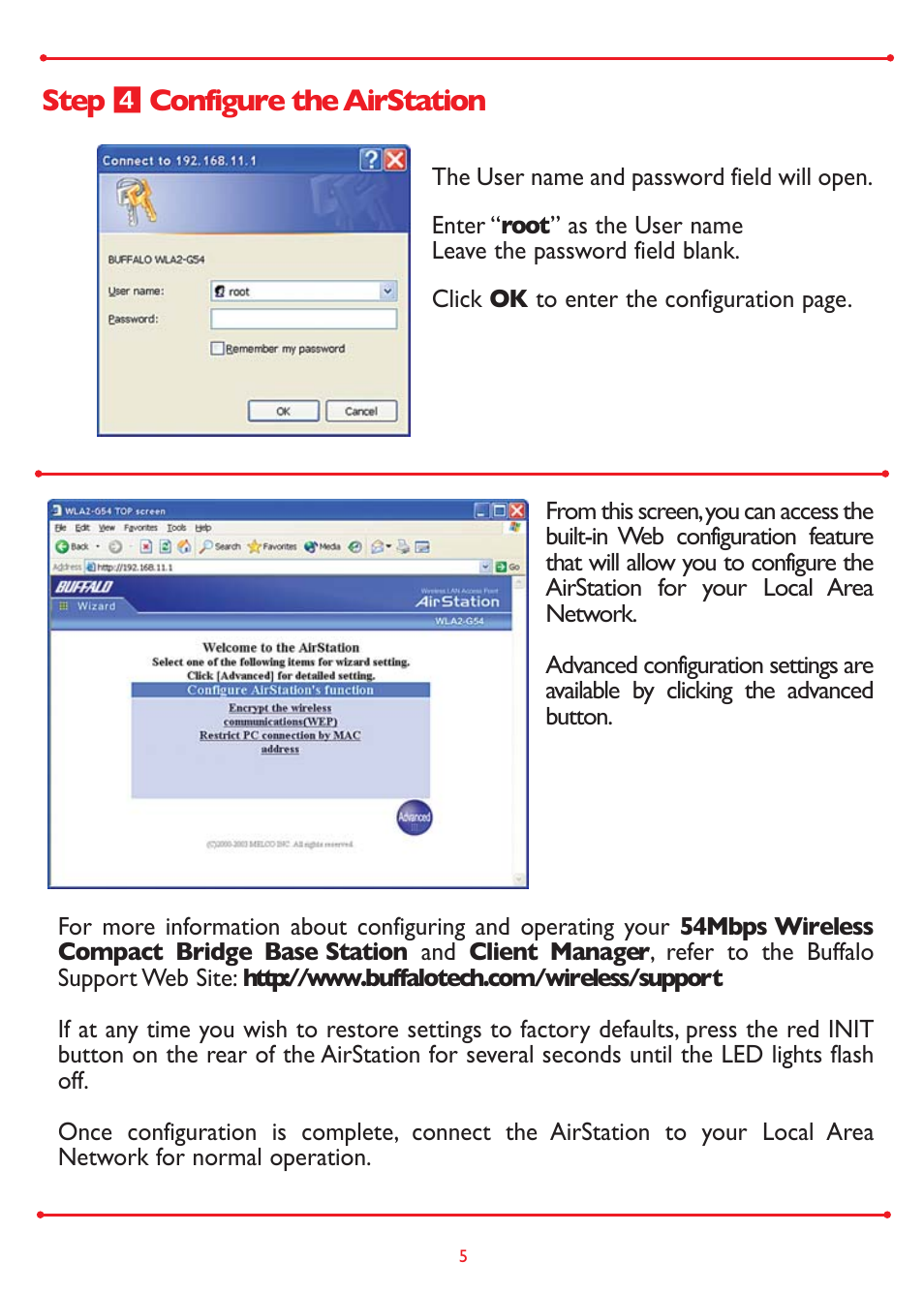 Step ẇ configure the airstation | Buffalo Technology WLA2-G54 User Manual | Page 5 / 8