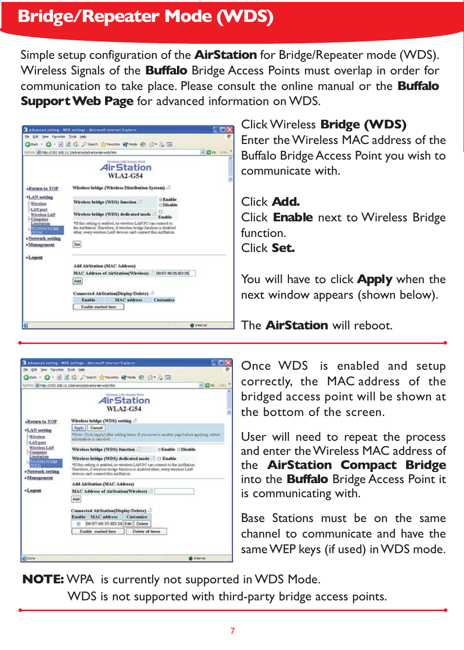 Bridge/repeater mode (wds) | Buffalo Technology WLA2-G54 User Manual | Page 7 / 8