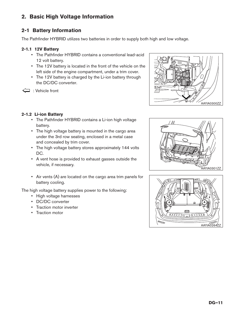 Basic high voltage information, 1 battery information, 1.1 12v battery | 1.2 li-ion battery | NISSAN 2014 Pathfinder Hybrid - Dismantling Guide User Manual | Page 11 / 50