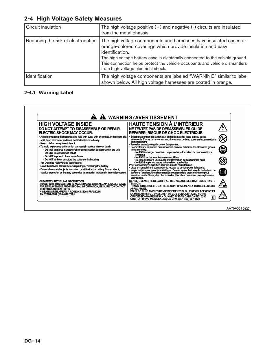 4 high voltage safety measures, 4.1 warning label | NISSAN 2014 Pathfinder Hybrid - Dismantling Guide User Manual | Page 14 / 50