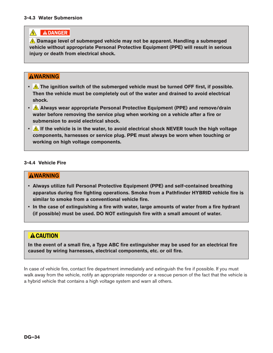4.3 water submersion, 4.4 vehicle fire | NISSAN 2014 Pathfinder Hybrid - Dismantling Guide User Manual | Page 34 / 50