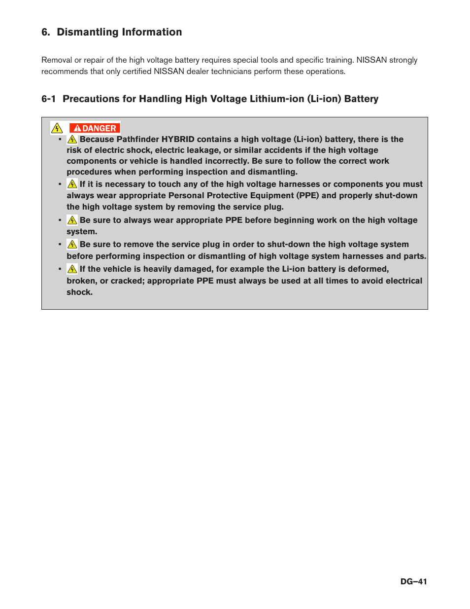 Dismantling information, Dismantling information (dg–41) | NISSAN 2014 Pathfinder Hybrid - Dismantling Guide User Manual | Page 41 / 50