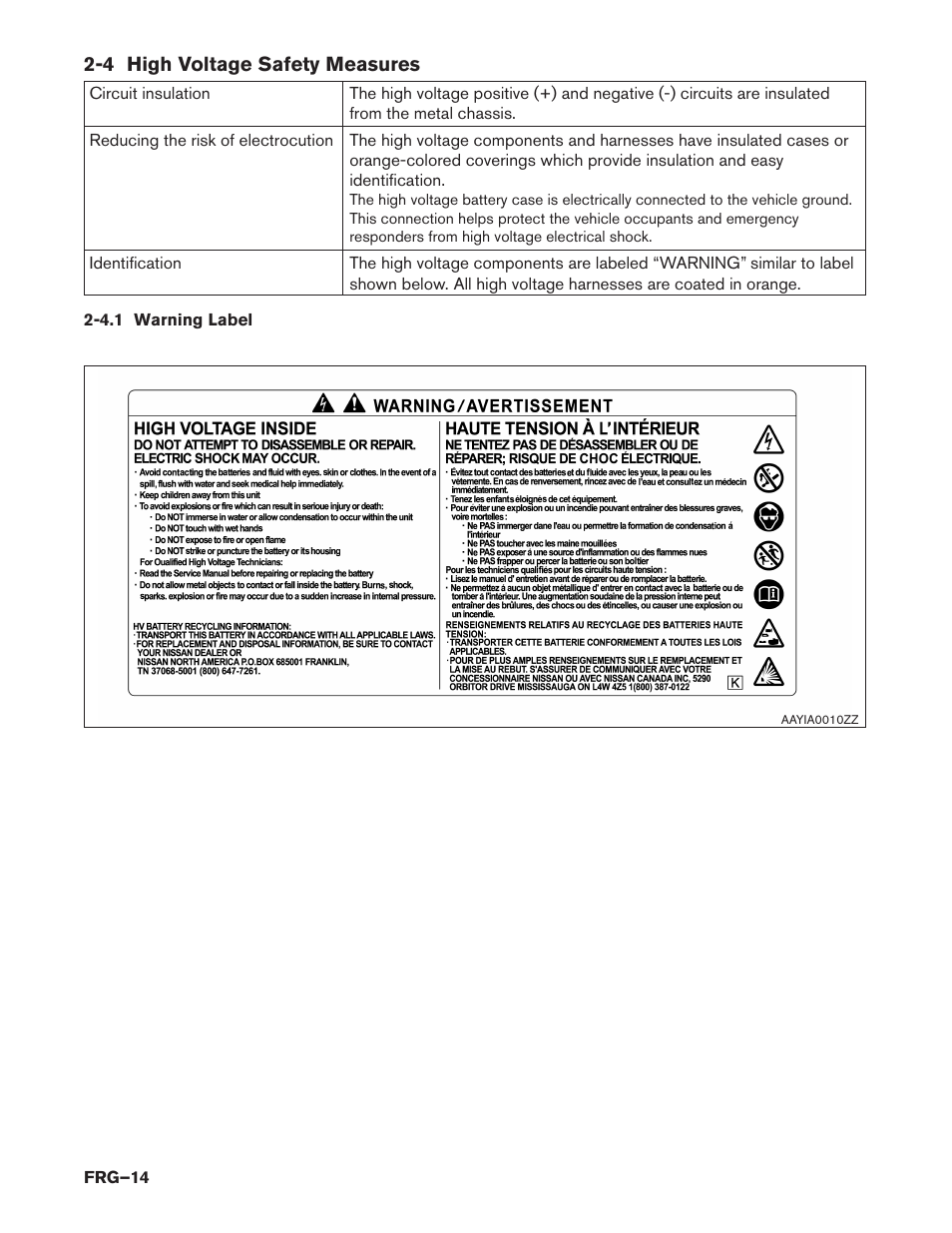 4 high voltage safety measures, 4.1 warning label | NISSAN 2014 Pathfinder Hybrid - First Responder's Guide User Manual | Page 14 / 45