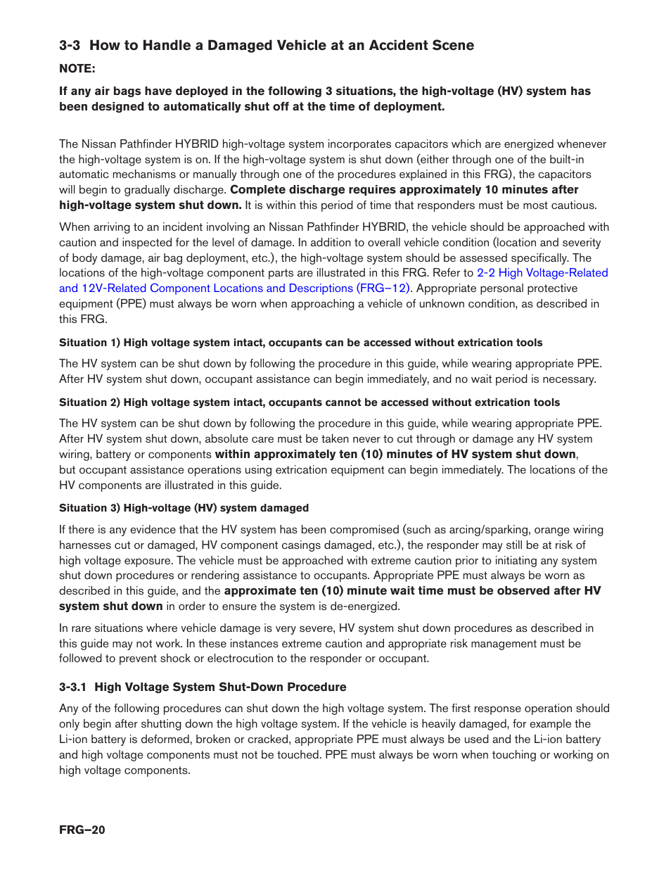 3.1 high voltage system shut-down procedure, 3.1 high voltage system shut-down, Procedure (frg–20) | NISSAN 2014 Pathfinder Hybrid - First Responder's Guide User Manual | Page 20 / 45