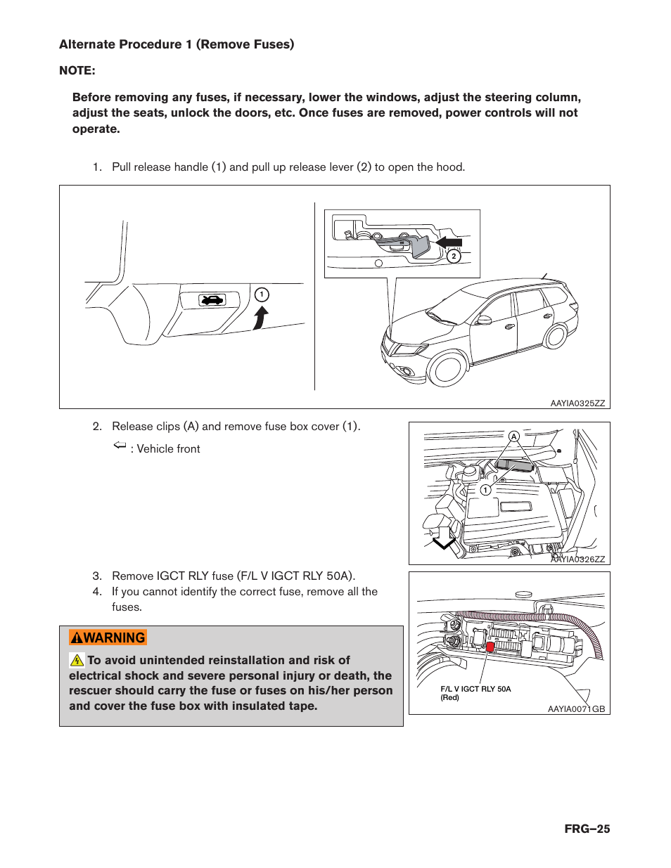 Alternate procedure 1 (removing fuses) (frg–25), Alternate procedure 1 (remove fuses) | NISSAN 2014 Pathfinder Hybrid - First Responder's Guide User Manual | Page 25 / 45